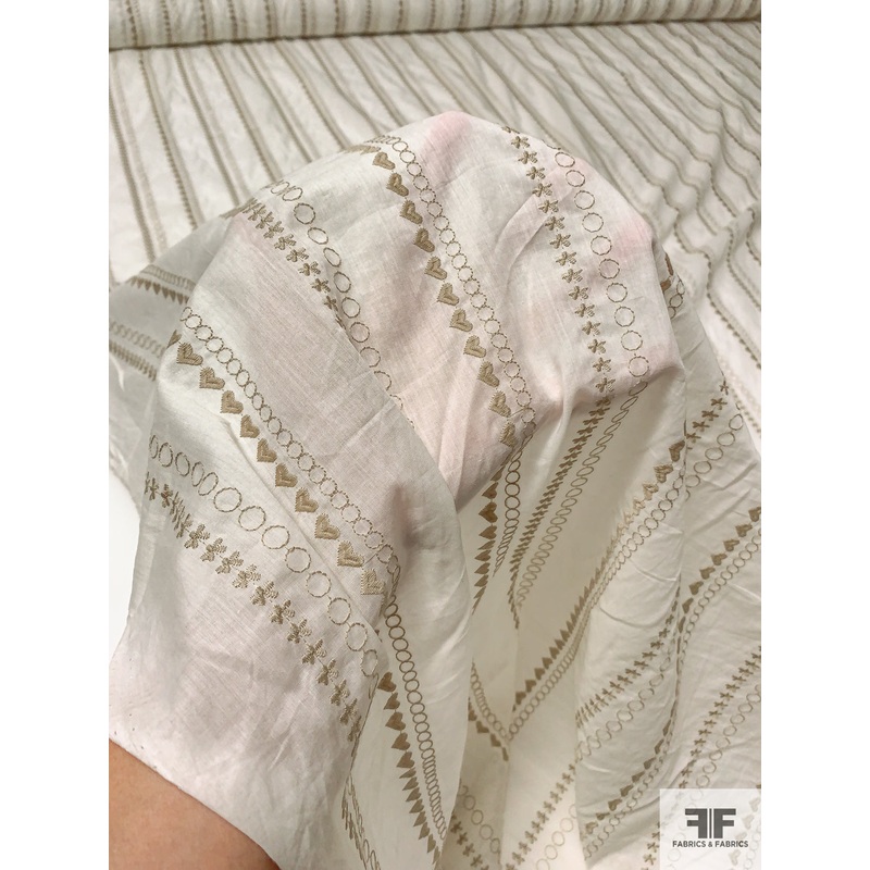 Heart Circle and Leaf Striped Embroidered Cotton Voile – Off-White / Sage Grey Fabric by the Yard