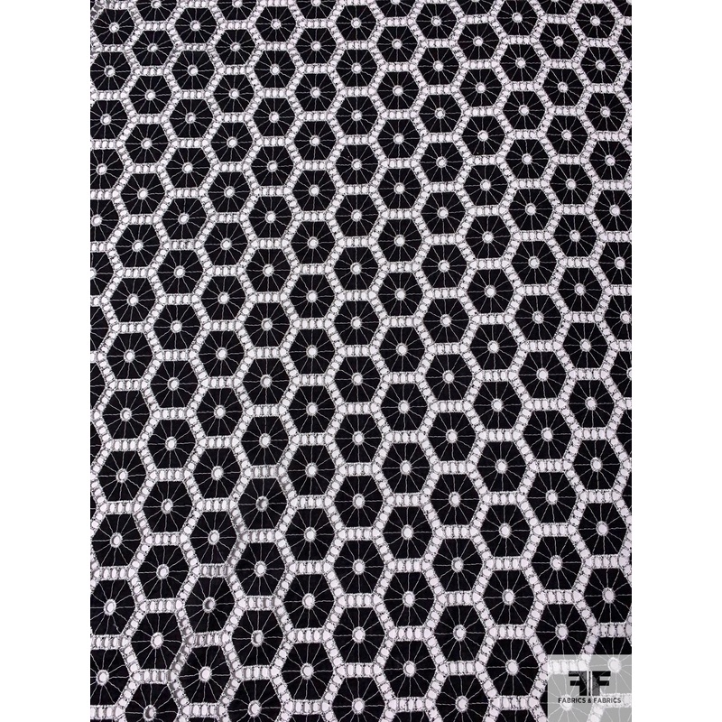 Honeycomb Medallion Embroidered Eyelet Cotton Voile – Black / White Fabric by the Yard