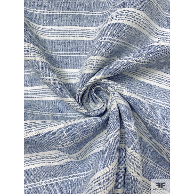 Horizontal Striped Yarn-Dyed Cotton Blend with Slubs – Blue / Off-White Fabric by the Yard