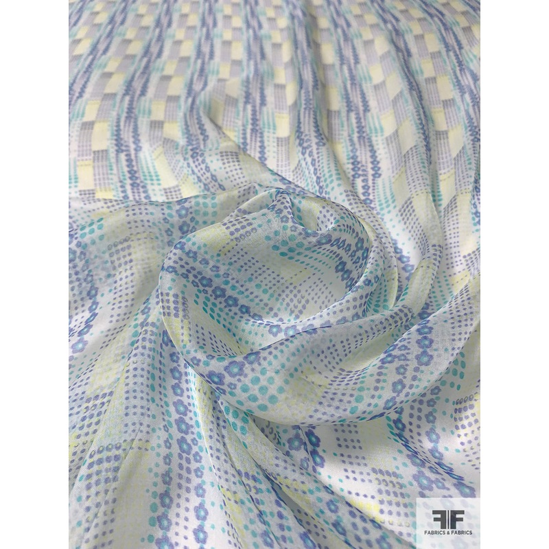Italian Streaming Ditsy Dots and Flowers Printed Fine Silk Chiffon – Yellow / Aqua / Purple Fabric by the Yard