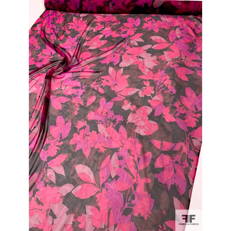 Leaf Collage Printed Silk Chiffon – Magenta / Black / Wine Fabric by the Yard