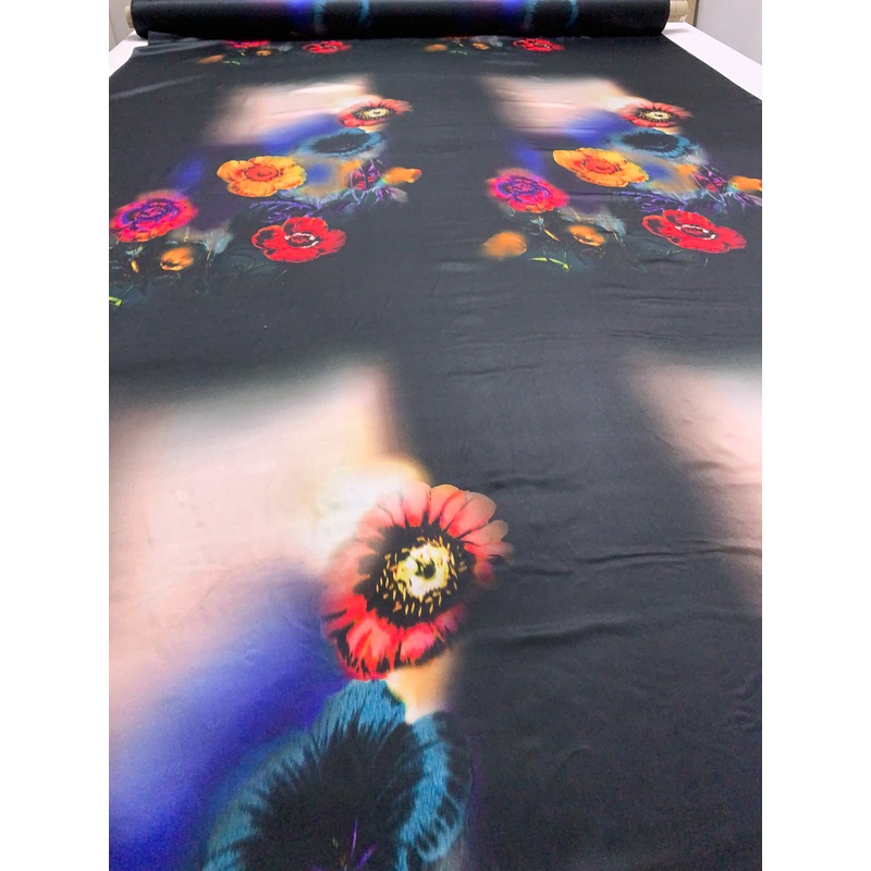 Made in Germany Floral Windows Printed Satin Silk Chiffon Panel – Multicolor / Black Fabric by the Panel