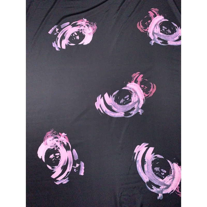 Painterly Brushstroke Printed Heavy Polyester Charmeuse – Black / Dusty Blush / Purple Fabric by the Yard