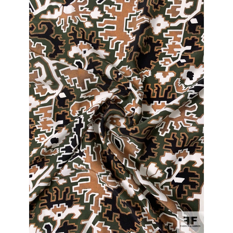 Pixelated Ethnic Matte-Side Printed Silk Charmeuse – Light Brown / Army Green / White / Black Fabric by the Yard
