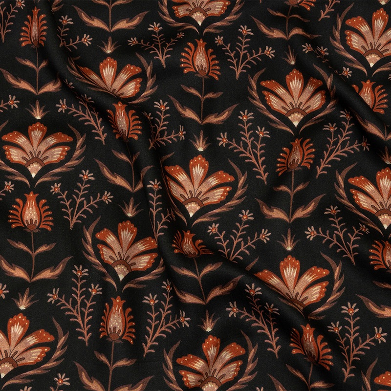 Rayon Challis – Black and Orange Floral – Watching the Fire Print – Mood Exclusive Rockland Collection