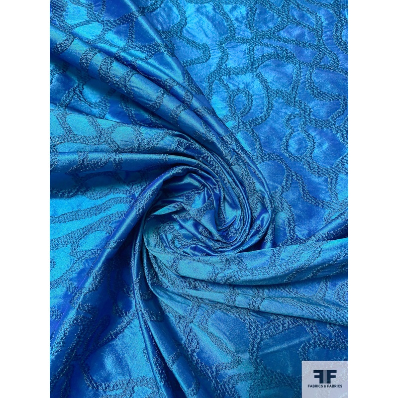 Squiggly Embroidered Silk Shantung – Ocean Blue Fabric by the Yard