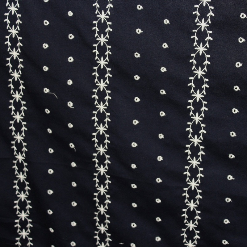 Striped Eyelet Embroidered Cotton – Navy / White Fabric by the Yard