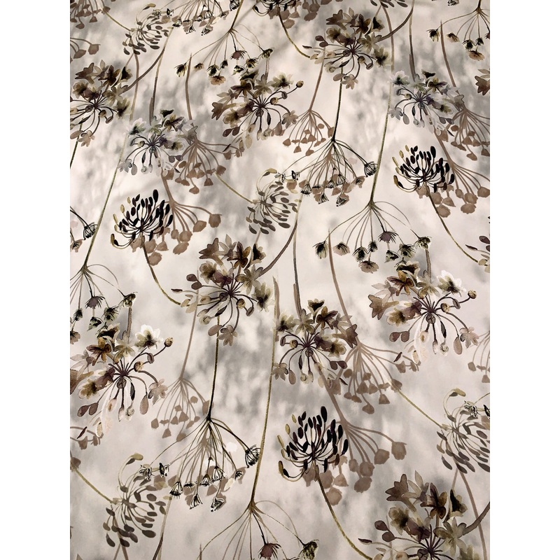 Cloudy Floral Printed Hammered Polyester Charmeuse – Light Taupe / Taupe / Eggplant / Olive Fabric by the Yard