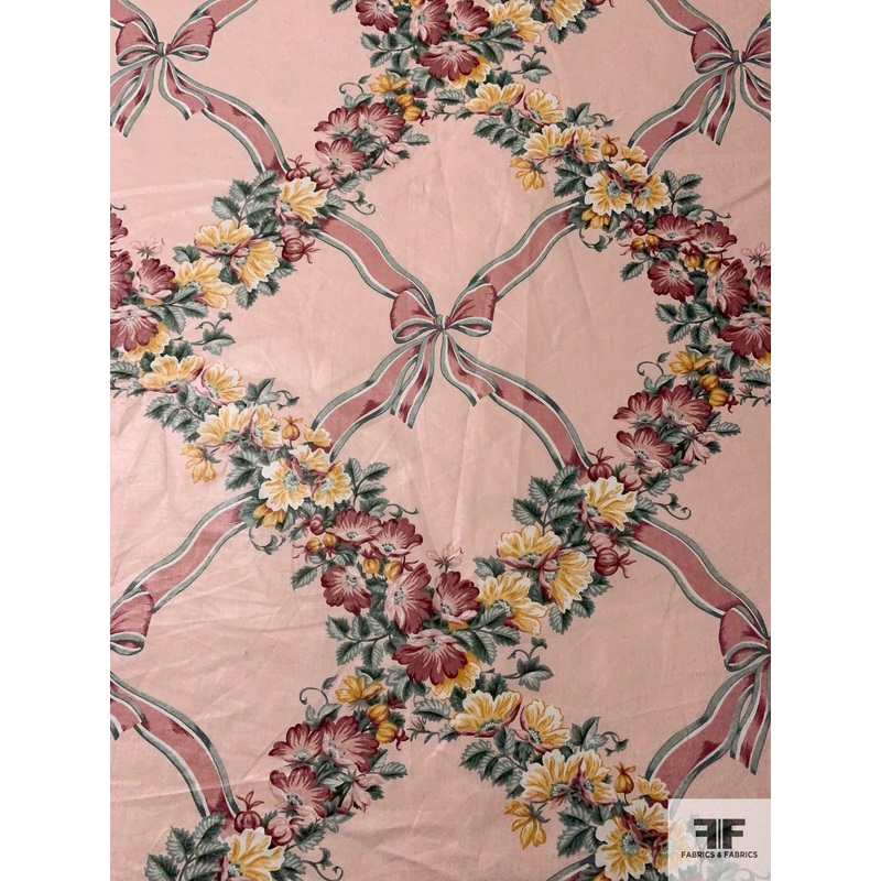 Floral and Ribbon Grid Printed Cotton Lawn – Light Pink / Dusty Pink / Dark Sage / Turmeric Fabric by the Yard