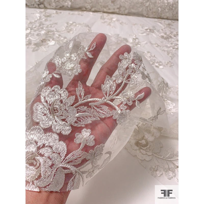Floral Bouquets Fine Embroidered Tulle – Off-White Fabric by the Yard