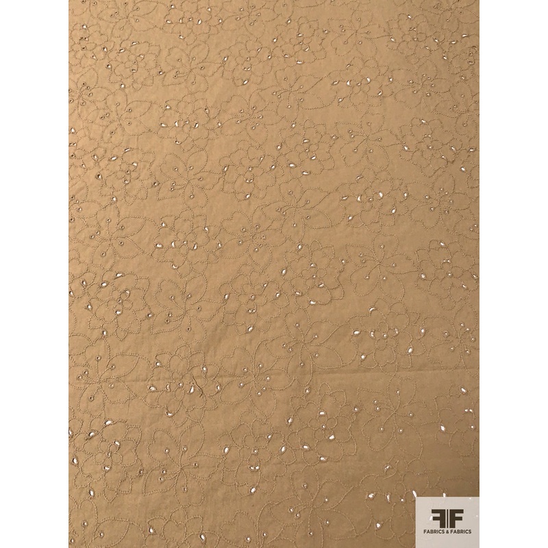 Floral Embroidered Eyelet Stretch Cotton Poplin – Tan Fabric by the Yard