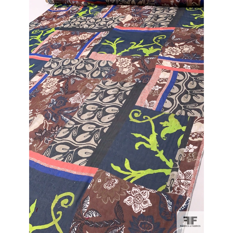 Italian Patchwork-Look Collage Printed Fine Silk Chiffon – Multicolor Fabric by the Yard