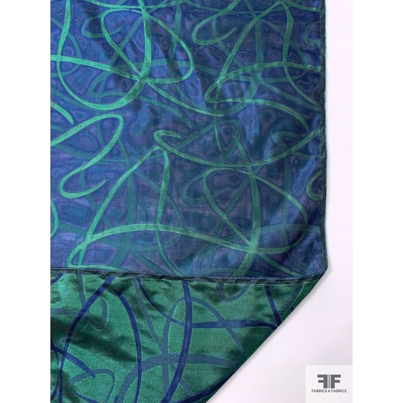 Italian Scribble Lines Double-Sided Jacquard Silk Blend Organza – Blue / Green Fabric by the Yard