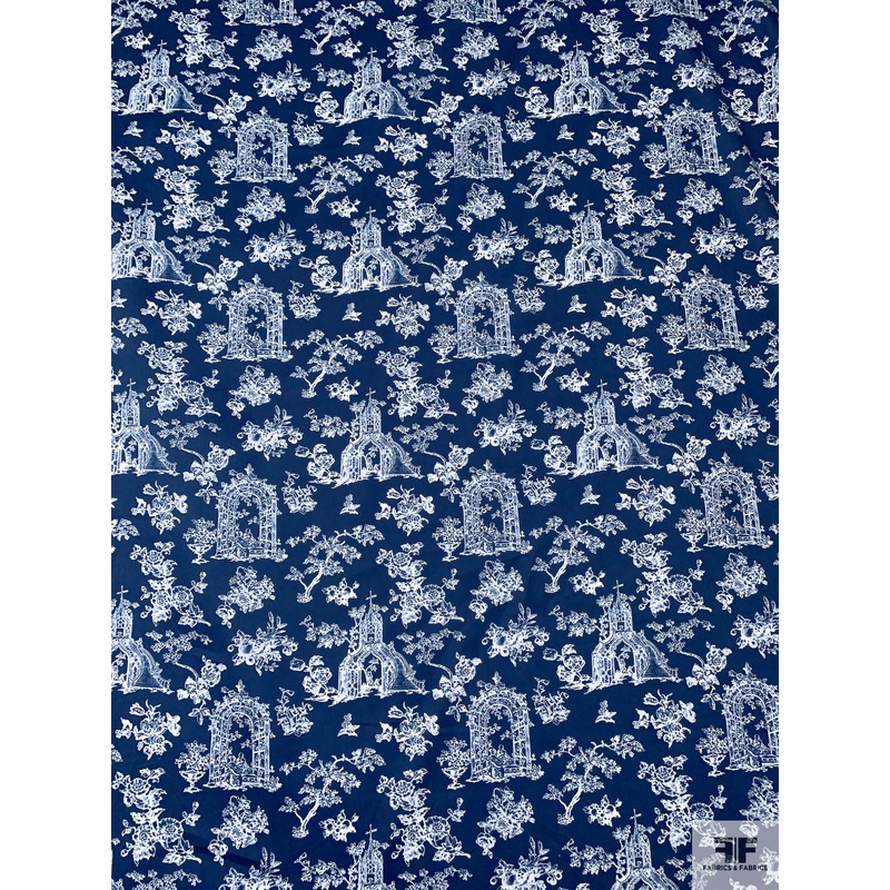Italian Toile de Jouy Garden Arches Printed Cotton Sateen-Lawn – Navy / Off-White Fabric by the Yard