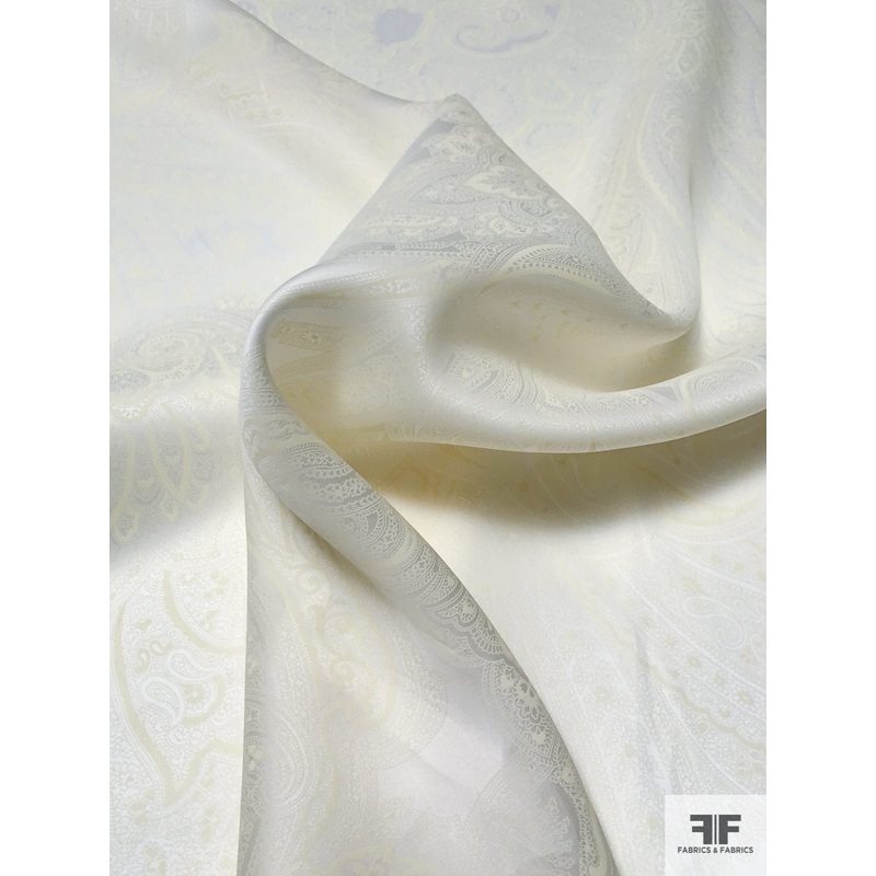 Italian Vintage Vera Wang Paisley Printed Satin Face Organza – White / Pastel Yellow Fabric by the Yard