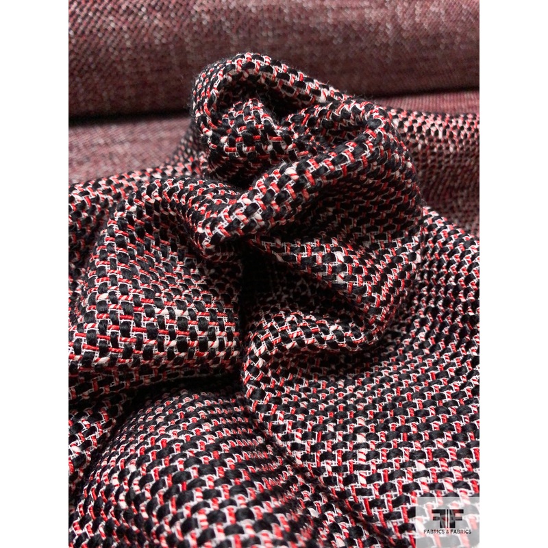 Italian Woven Cotton Blend Tweed Suiting – Red / Black / Off-White Fabric by the Yard