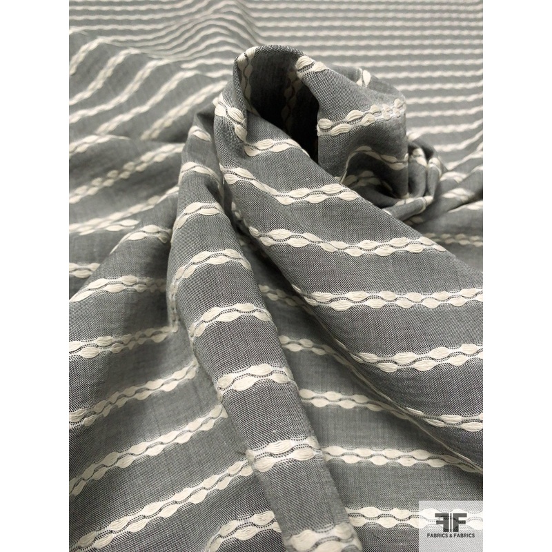 Novelty Cotton Shirting with Horizontal Braid Stripes – Slate Grey / Ivory Fabric by the Yard