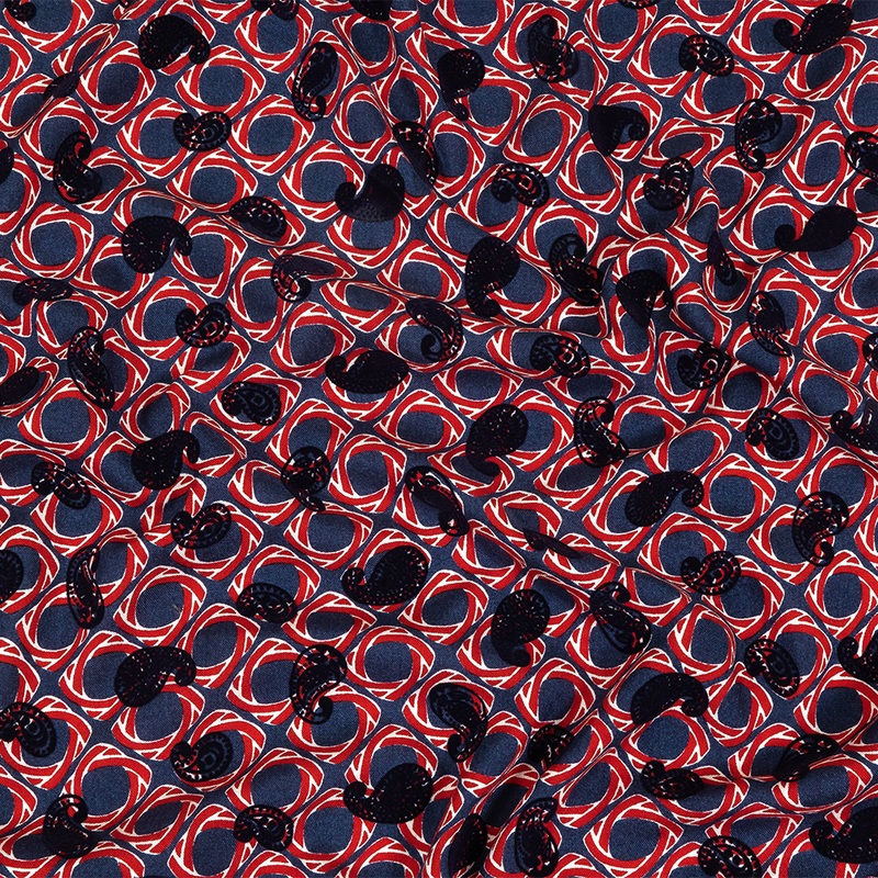 Salsa and Navy Flocked Paisley on Twisted Squares Printed Viscose Woven