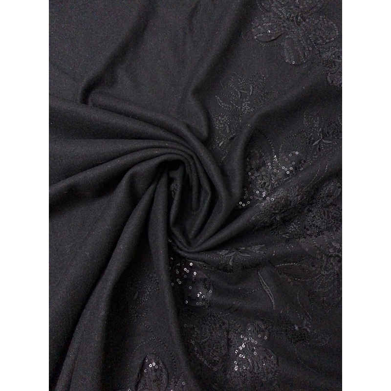 Wool Blend Flannel with Embellished Border – Black Fabric by the Yard