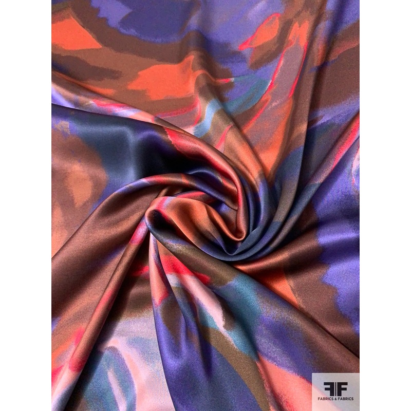 Abstract Painterly Printed Silk Charmeuse – Hues of Purple / Brown / Coral Fabric by the Yard