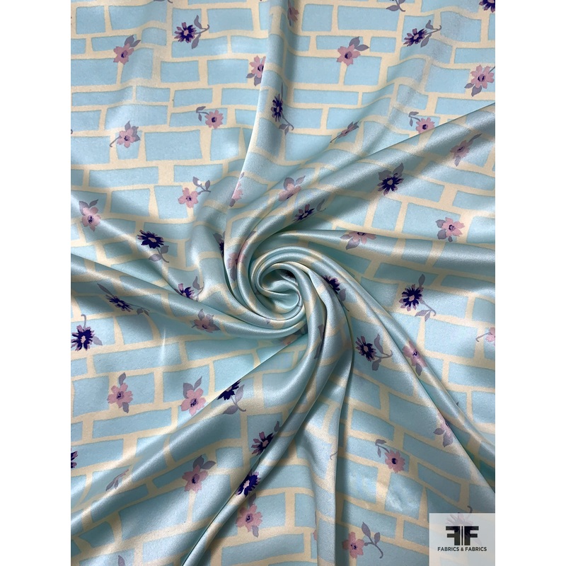 Bricks and Floral Printed Silk Charmeuse – Sky Blue / Purples / Light Ecru Fabric by the Yard