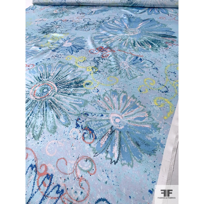 Disintegrating Floral Printed Silk Charmeuse – Blues / Coral / Yellow Fabric by the Yard