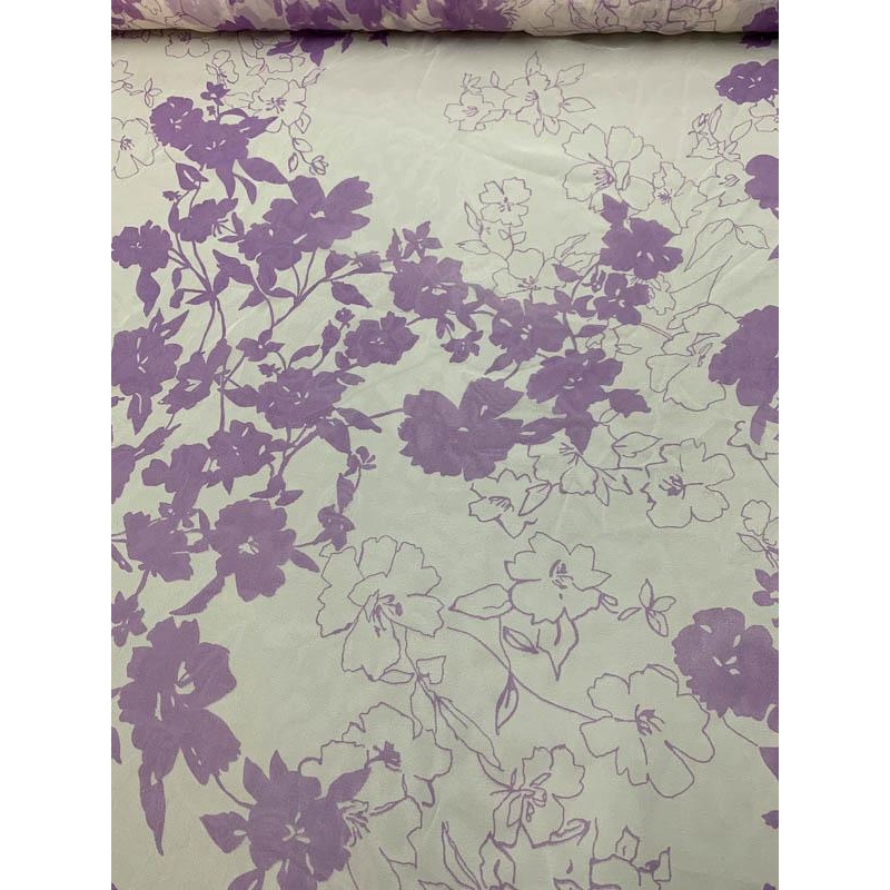 Floral Printed Silk Chiffon – Purple / Off-White Fabric by the Yard