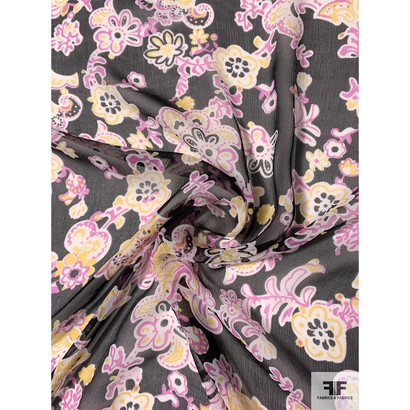 Groovy Paisley Printed Crinkled Silk Chiffon – Black / White / Yellow / Magenta Fabric by the Yard