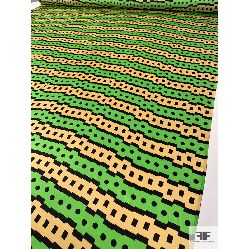 Horizontal Ethnic-Pixel Striped Printed Silk Charmeuse – Neon Green / Soft Yellow / Black Fabric by the Yard