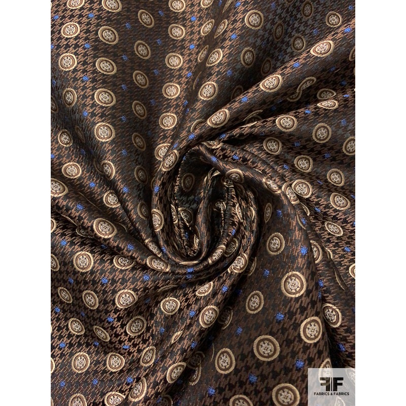 Houndstooth and Circles Silk Necktie Jacquard Brocade – Brown / Black / Beige / Blue Fabric by the Yard