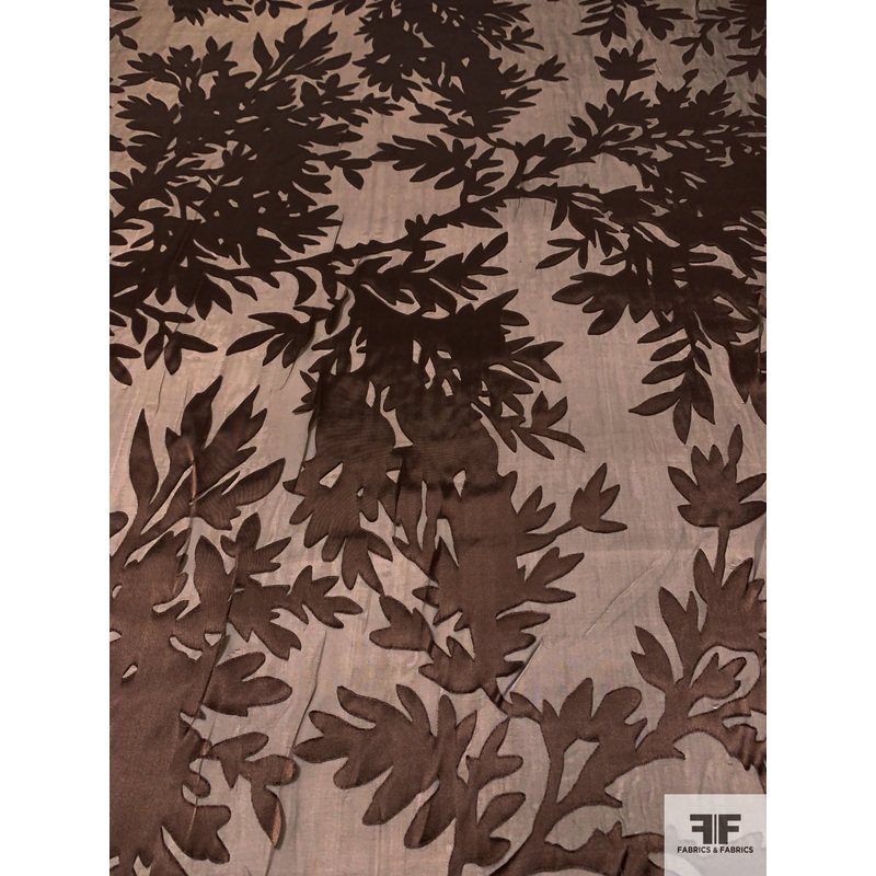 Leafy Silhouette Burnout Silk Chiffon – Chocolate Brown Fabric by the Yard