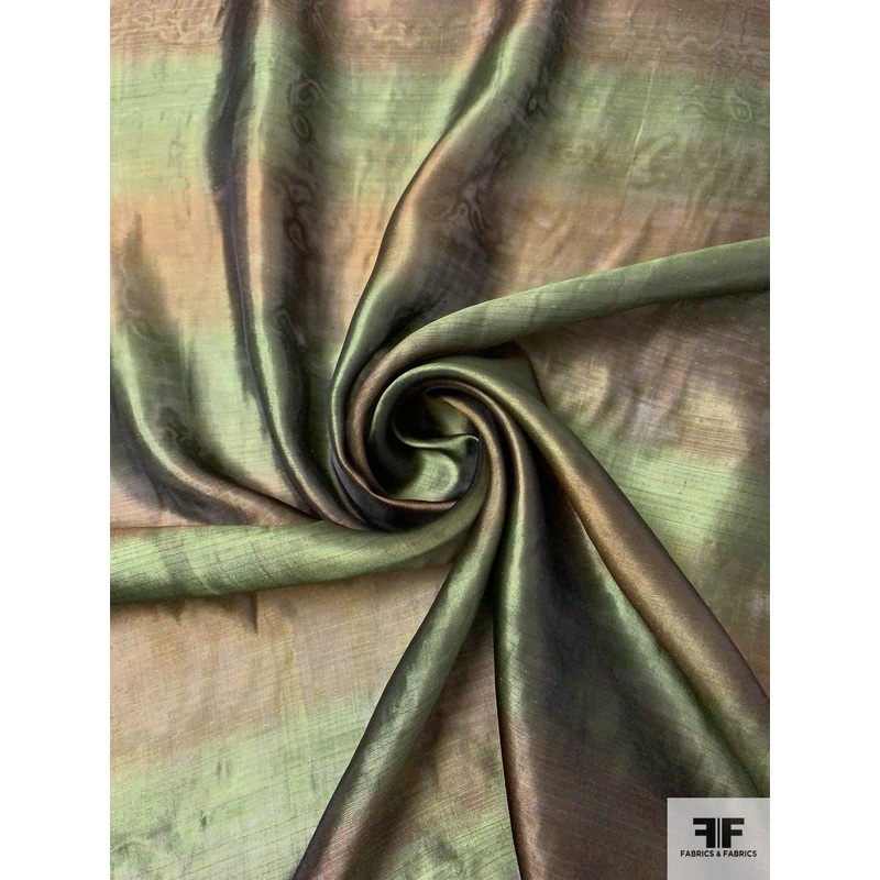Made in Switzerland Linear Design 2-Ply  Organza – Moss Green / Brown Fabric by the Yard