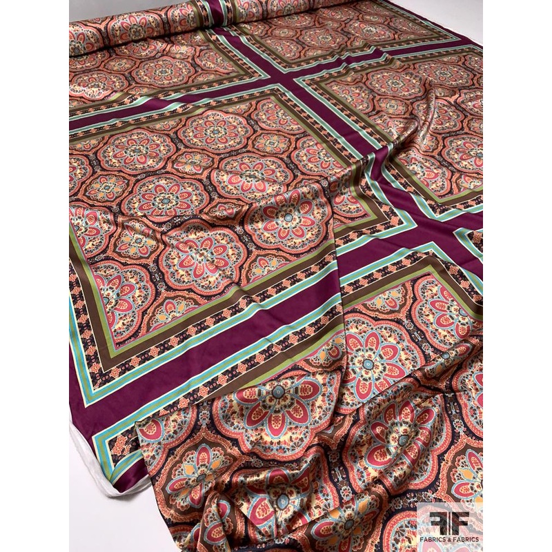 Oriental Medallion Scarf Motif Printed Stretch Silk Charmeuse Panel – Coral / Eggplant / Brown Fabric by the Panel
