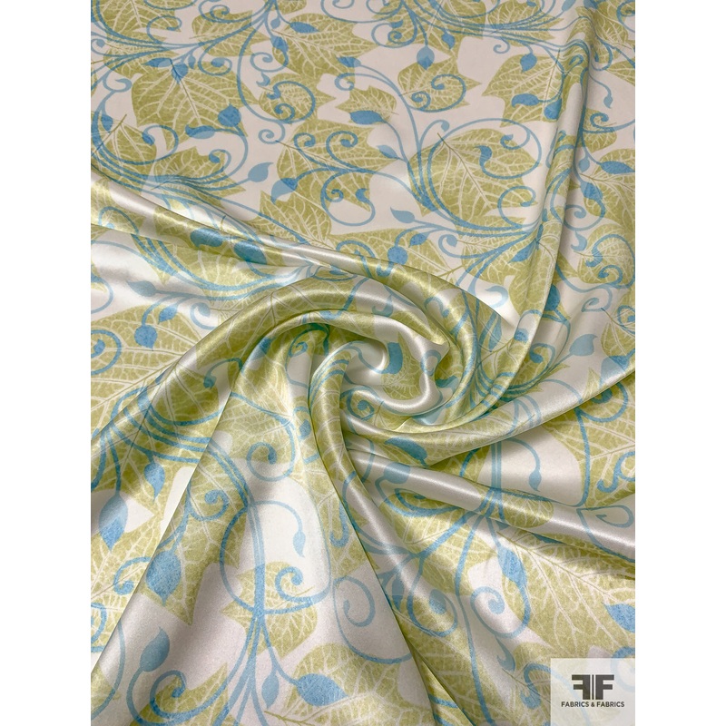 Regal Vines and Leaf Printed Silk Charmeuse – Lime Green / Sky Blue / Off-White Fabric by the Yard