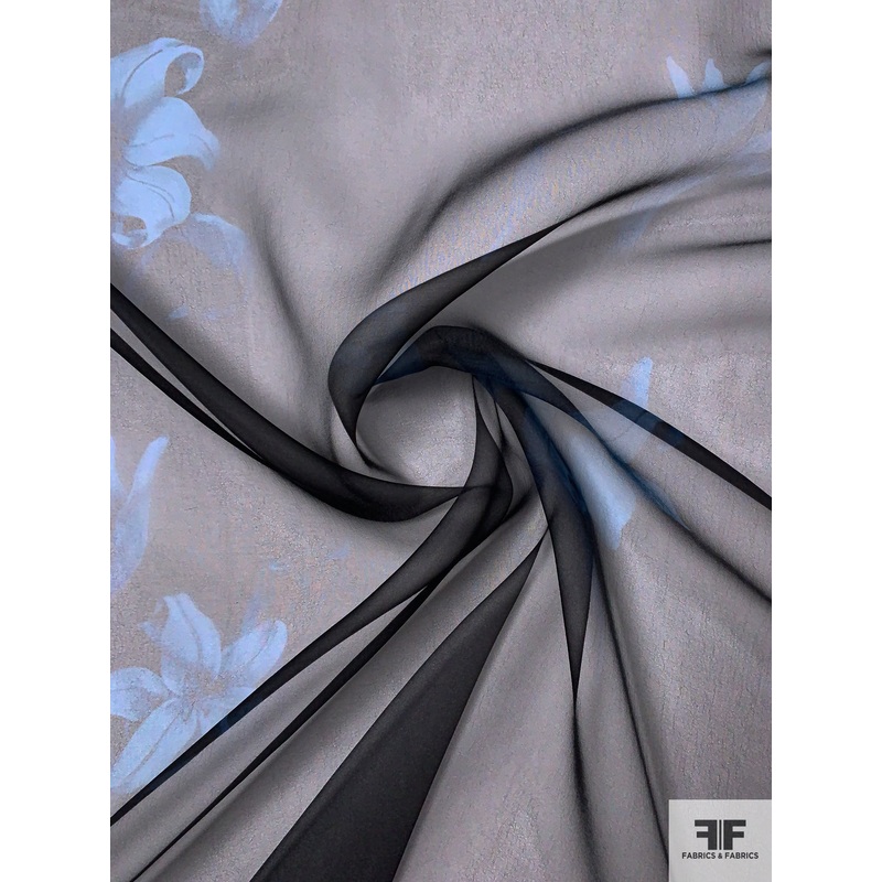 Romantic Floral Printed Polyester Organza – Black / Navy Blue Fabric by the Yard