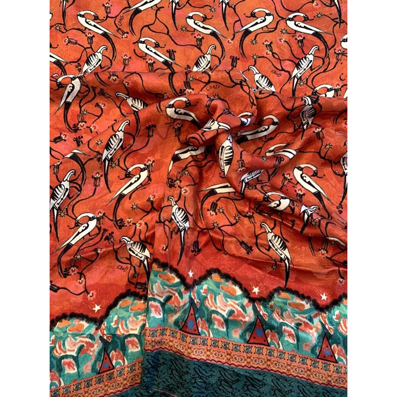 Birds on Vines and Arabesque Arches Printed Viscose Jacquard – Brick Orange / Teal / White Fabric by the Panel