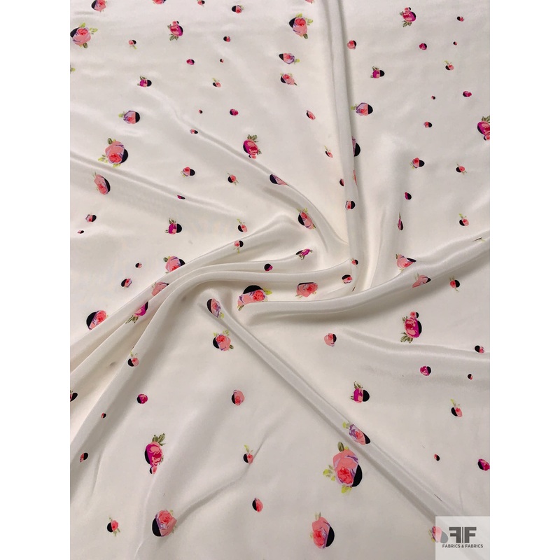 Ditsy Rose Buds Printed Silk Crepe de Chine – Off-White / Pinks / Greens / Black Fabric by the Yard