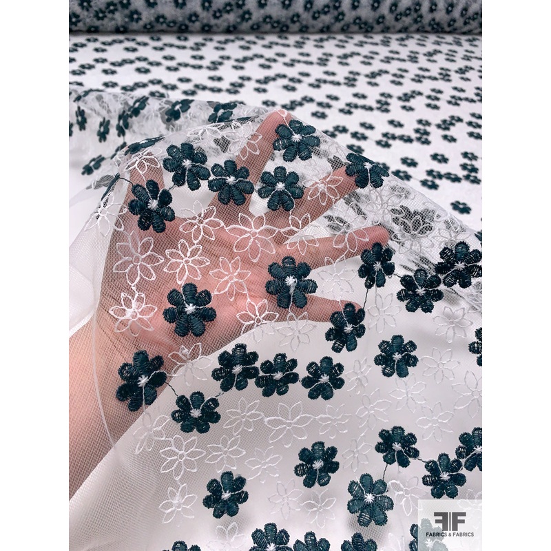 Floral Embroidered Tulle  – Evergreen / White Fabric by the Yard