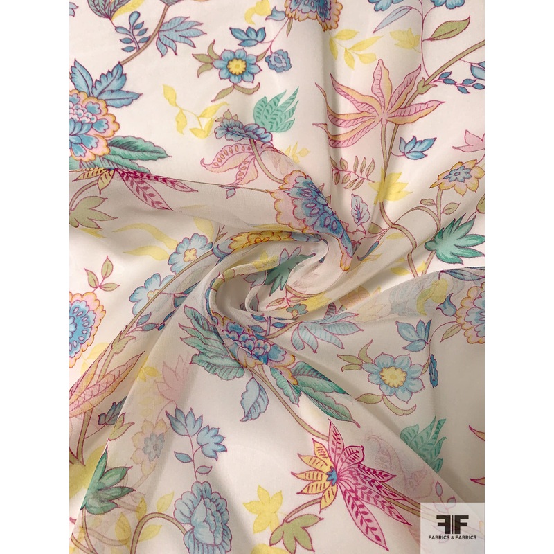 Floral Stems Printed Silk Chiffon – Light Ocean Blues / Magenta / Yellow / Off-White Fabric by the Yard
