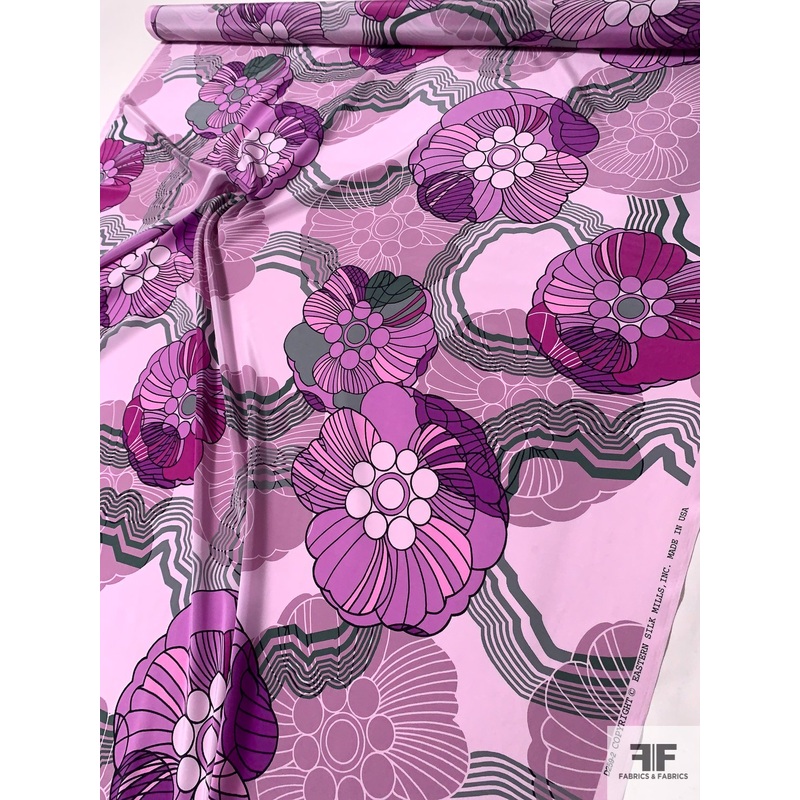 Groovy Large-Scale Floral Printed Silk Crepe de Chine – Orchid / Light Pinks  / Magenta / Grey Fabric by the Yard