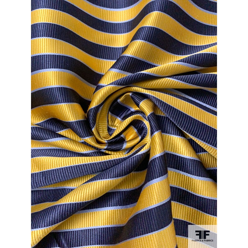 Horizontal Striped Silk Necktie Jacquard Brocade – Yellow-Gold / Navy / Blue Fabric by the Yard