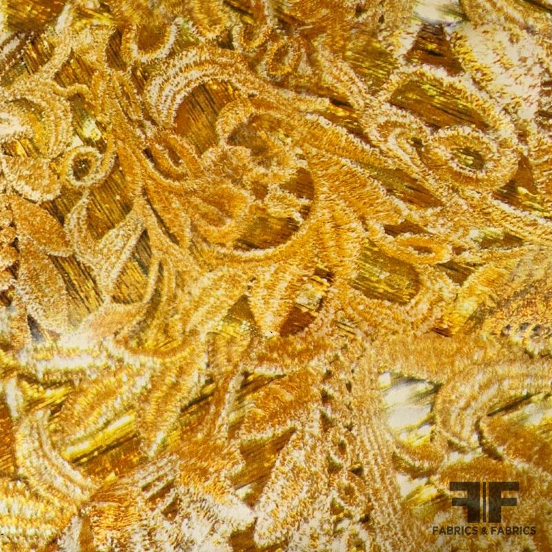 Italian Abstract Lace Print on Double Faced Silk Satin – Gold/Yellow Fabric by the Yard