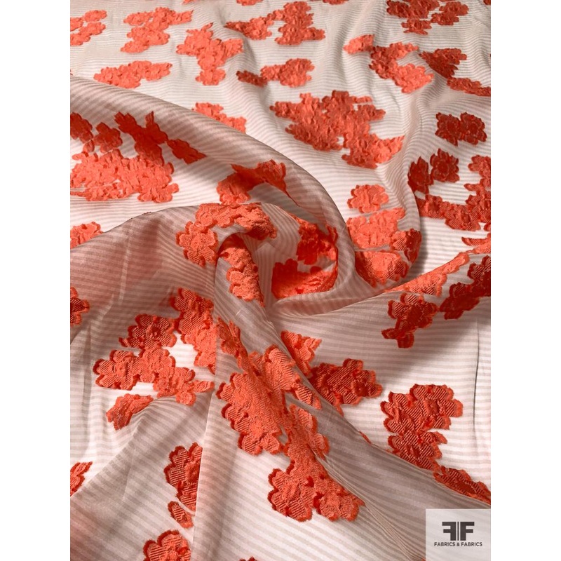 Italian Lela Rose Floral and Striped Fil Coup Silk & Poly – Deep Coral / Tan / Off-White Fabric by the Yard