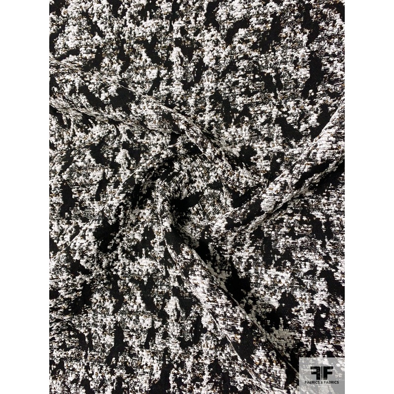 Italian Tweed-Like Textured Novelty Couture Suiting – Black / Off-White / Antique Gold Fabric by the Yard