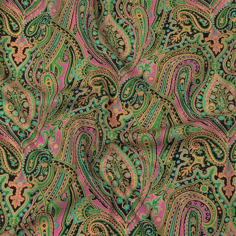 Linen and Rayon Woven – Black and Green Paisley – Hippy Shake Print – Mood Exclusive Citrus Collection