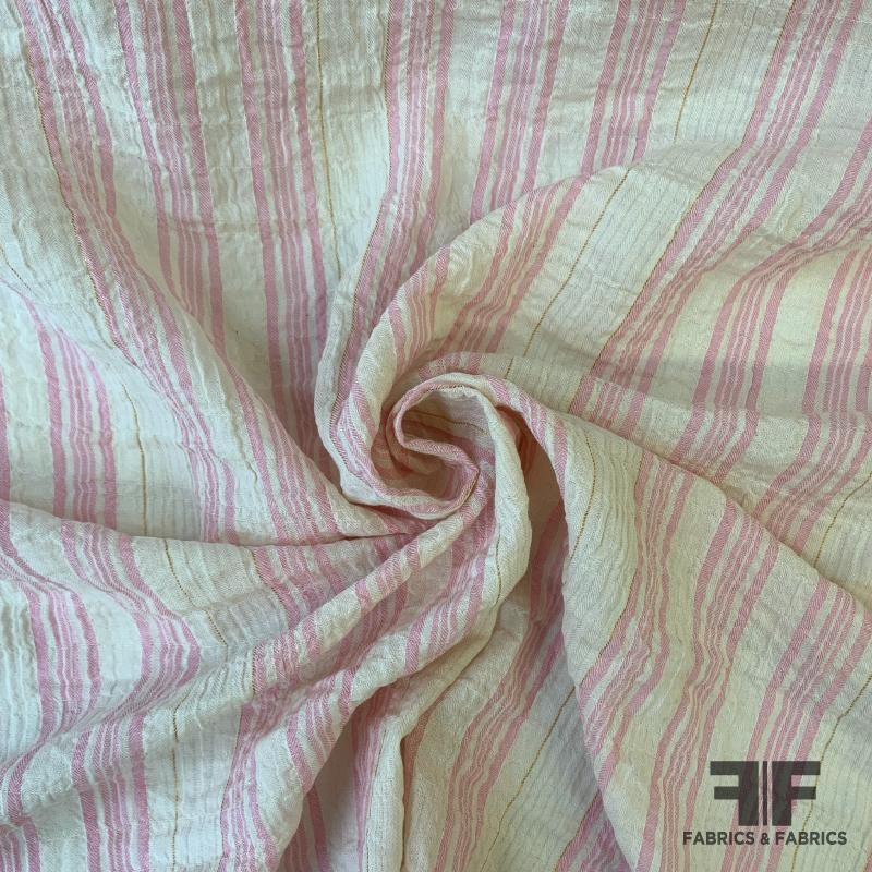 Metallic Crinkled Striped Soft Cotton Gauze – Off White/Pink Fabric by the Yard