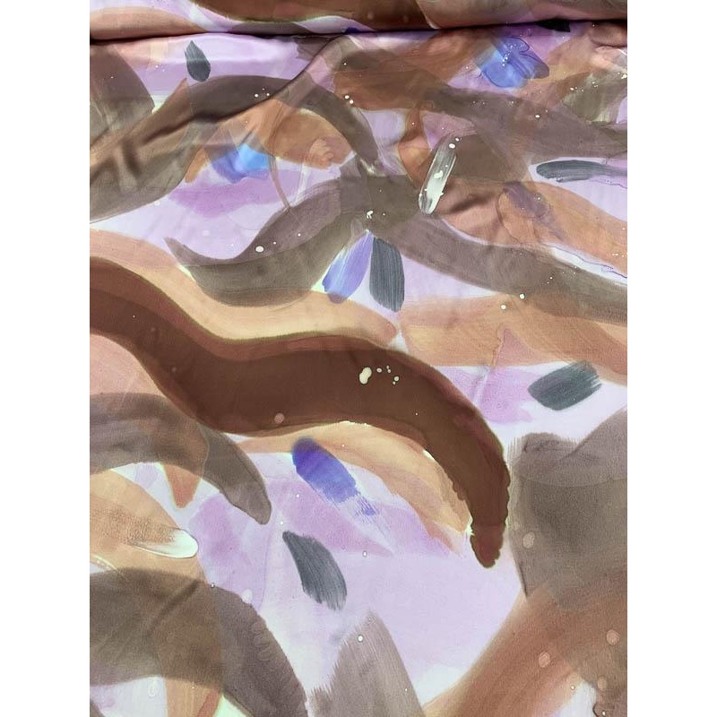Painterly Watercolor Printed Silk Charmeuse – Lilac / Mocha / Purple Fabric by the Yard