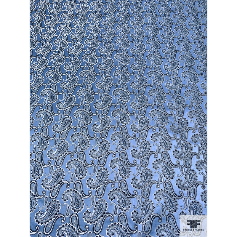 Paisley Silk Necktie Jacquard Brocade – Cool Blue / Black / White Fabric by the Yard