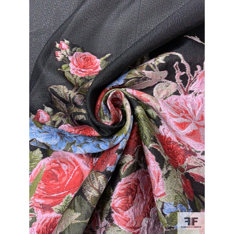 Pamella Roland Floral Border Pattern Textured Organza Panel – Black / Soft Blue / Deep Coral / Earthy Green Fabric by the Panel