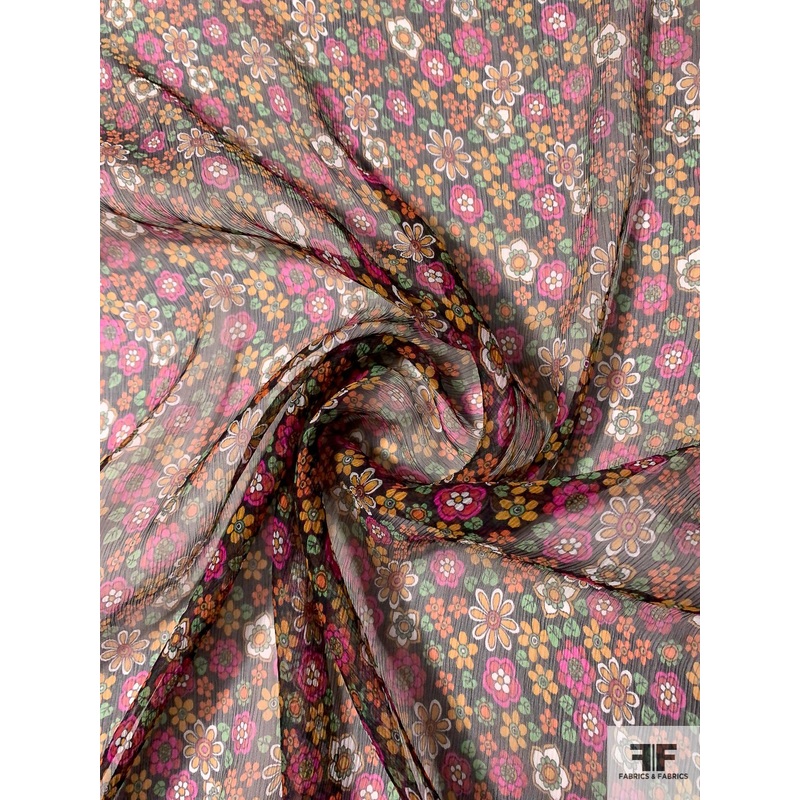 Small Groovy Floral Printed Crinkled Silk Chiffon – Orange / Magenta / Black / Green Fabric by the Yard